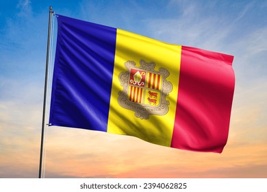 Flag of Andorra waving flag on sunset view - Shutterstock ID 2394062825