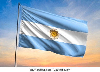 Flag of Argentina waving flag on sunset view - Shutterstock ID 2394063369