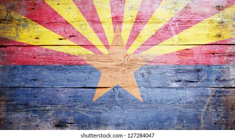 Flag Of Arizona Painted On Grungy Wooden Background