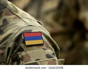Flag of Armenia on military uniform. Army, armed forces, soldiers. Collage.