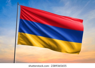 Flag of Armenia waving flag on sunset view