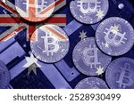 flag of australia on the bitcoins with computer electronic circuit board background. bitcoin mining concept.