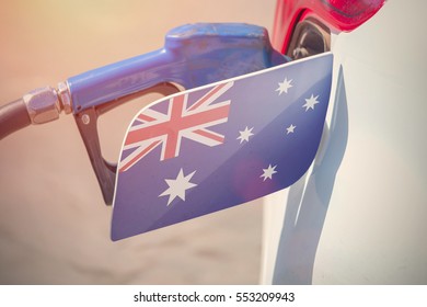 Flag Of Australia On The Car's Fuel Filler Flap With Gas Pump Nozzle In The Tank