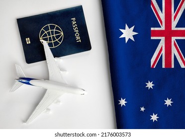 Flag Of Australia With Passport And Toy Airplane. Flight Travel Concept 