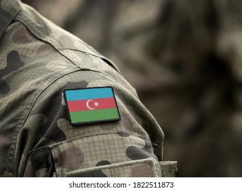 Flag of Azerbaijan on military uniform. Azerbaijani army, armed forces, soldiers. Collage.