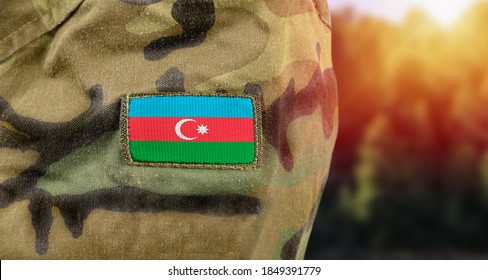 Flag Of Azerbaijan On Military Uniform. Azerbaijani Army, Armed Forces, Soldiers. 
