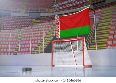 Flag of Belarus in hockey arena with puck and net - Powered by Shutterstock