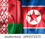 The flag of Belarus and the flag of North Korea are both made from fabric patterns. Concept diagram depicting a conversation between. Basemap and background concept. Double exposure hologram.