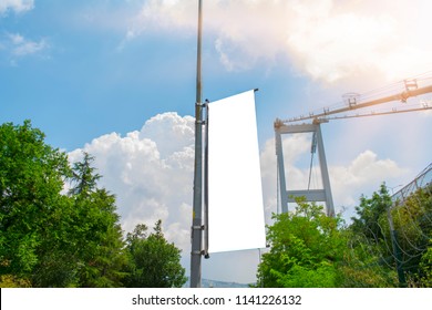 Flag Blank Mockup On A Perfect Sky With Cloudy, Blue And Sun Reflection Background In Istanbul Street; Turkey