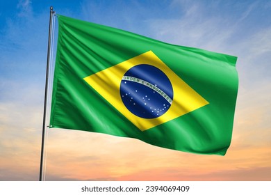 Flag of Brazil waving flag on sunset view - Shutterstock ID 2394069409