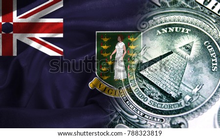 Flag of British Virgin Islands on a fabric with an American dollar close-up.