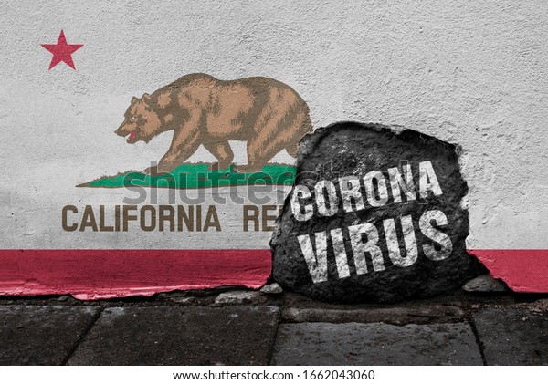 壁に割れた石が付いたカリフォルニア州旗 にコロナウイルスの名前が付いています 19年 年の新しいコロナウイルス 19年 Ncov のコンセプトは カリフォルニア州で発生したものです の写真素材 今すぐ編集