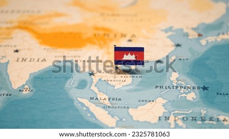 The Flag of Cambodia on the World Map.