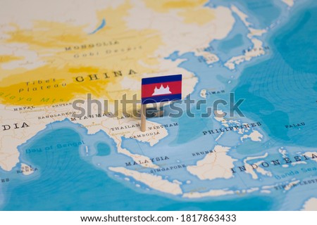 The Flag of Cambodia in the World Map