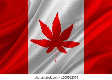 Flag Of Canada With Marijuana Leaf On Crumpled Textile, Cannabis In Canada