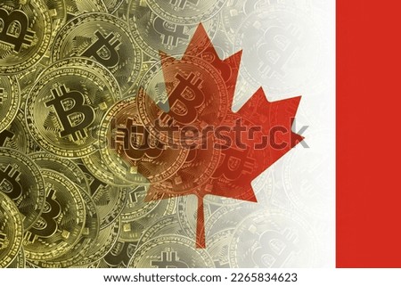 Flag of Canada on the background of bitcoin coins, the concept of investing in cryptocurrency, blockchain technology