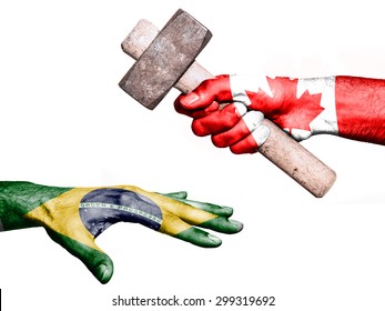 Flag of Canada overprinted on a hand holding a heavy hammer hitting a hand representing the Brazil. Conceptual image for political, fiscal or social aggressions, penalties, taxation