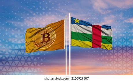 The flag of central african republic and the Bitcoin flag are waving over the blue sky