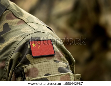 Flag of China on military uniform. Army, troops, soldiers. Collage.
