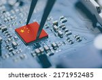 Flag of China on a processor, CPU Central processing Unit or GPU microchip on a motherboard. China is world