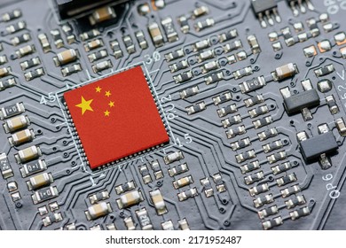 Flag of China on a processor, CPU Central processing Unit or GPU microchip on a motherboard. China is world's largest chip manufacturer, demonstrating the country's superiority in global supply chain. - Shutterstock ID 2171952487