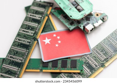 Flag of China on a processor, CPU Central processing Unit or GPU microchip on a motherboard. manufacturer, demonstrating the country's superiority in global supply chain.