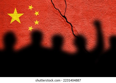 Flag of China painted on a cracked wall with protested people. Zero covid in China