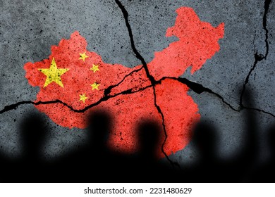 Flag of China painted on a cracked wall. Chinese real estate and debt crisis. Zero covid and lockdown protest in China