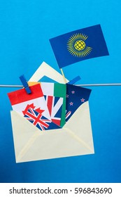 Flag of the Commonwealth of Nations (CIS), envelope with countries flags. Commonwealth Day card 