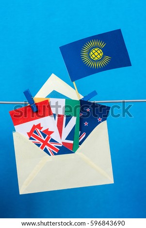 Flag of the Commonwealth of Nations (CIS), envelope with countries flags. Commonwealth Day card 