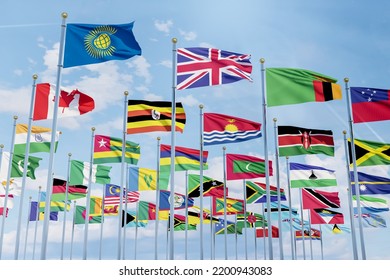 The flag of the Commonwealth of Nations with the flags of the organization's countries along with the flag of Britain ,Close-up