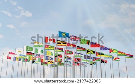 The flag of the Commonwealth of Nations with the flags of the organization's countries along with the flag of Britain