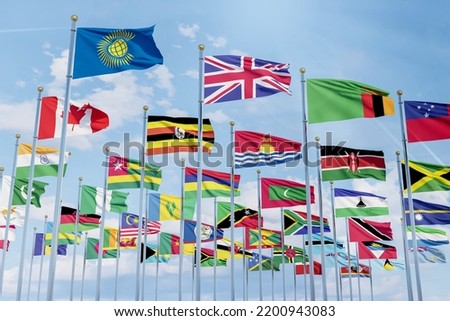 The flag of the Commonwealth of Nations with the flags of the organization's countries along with the flag of Britain ,Close-up