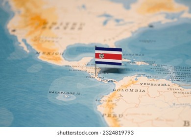 The Flag of Costa Rica on the World Map. - Shutterstock ID 2324819793