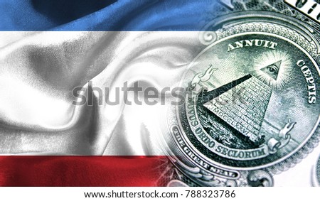 Flag of Crimea on a fabric with an American dollar close-up.