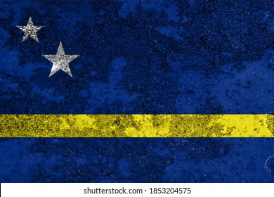 Flag of Curacao painted on the old grunge rustic iron surface. Abstract paint of Cura?ao national flag on the iron surface