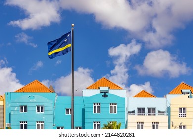 Flag of Curacao waving at the city center of Willemstad, Curacao
