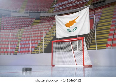 Flag of Cyprus in hockey arena with puck and net - Powered by Shutterstock