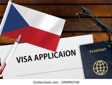 Flag of Czech Republic , visa application form and passport on table