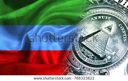 Flag of Dagestan on a fabric with an American dollar close-up.