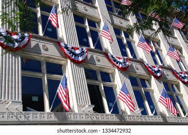 flag decorated facade of building
