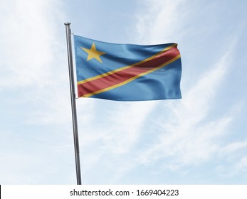 Flag of Democratic Republic of the Congoon Flag Pole in Blue Sky. Democratic Republic of the Congo Flag for advertising, celebration, achievement, festival, election. 