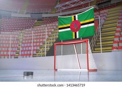 Flag of Dominica in hockey arena with puck and net - Powered by Shutterstock