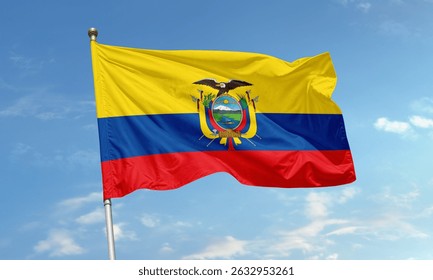 The flag of Ecuador waves in the wind, featuring yellow, blue, and red horizontal stripes with a detailed national coat of arms in the center.