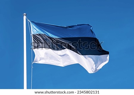 Flag of Estonia over waving blue sky, abstract patriotic background