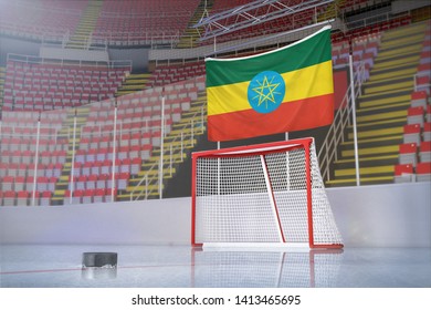 Flag of Ethiopia in hockey arena with puck and net - Powered by Shutterstock