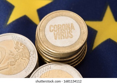 Flag Of The EU, Euro Coin And Corona Virus