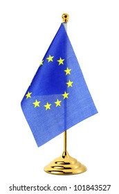 Flag Of EU Hanging On The Gold Flagpole,Isolated On The White Background