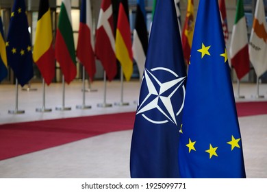 Flag Of European Union And Flag Of NATO In European Councils Building On February 26, 2021