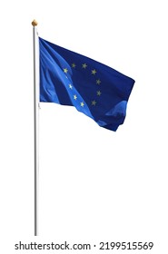 Flag of European Union on a flagpole isolated on white background. The waving  flag for your political concept about european integration and economic cooperation in Europe. - Shutterstock ID 2199515569